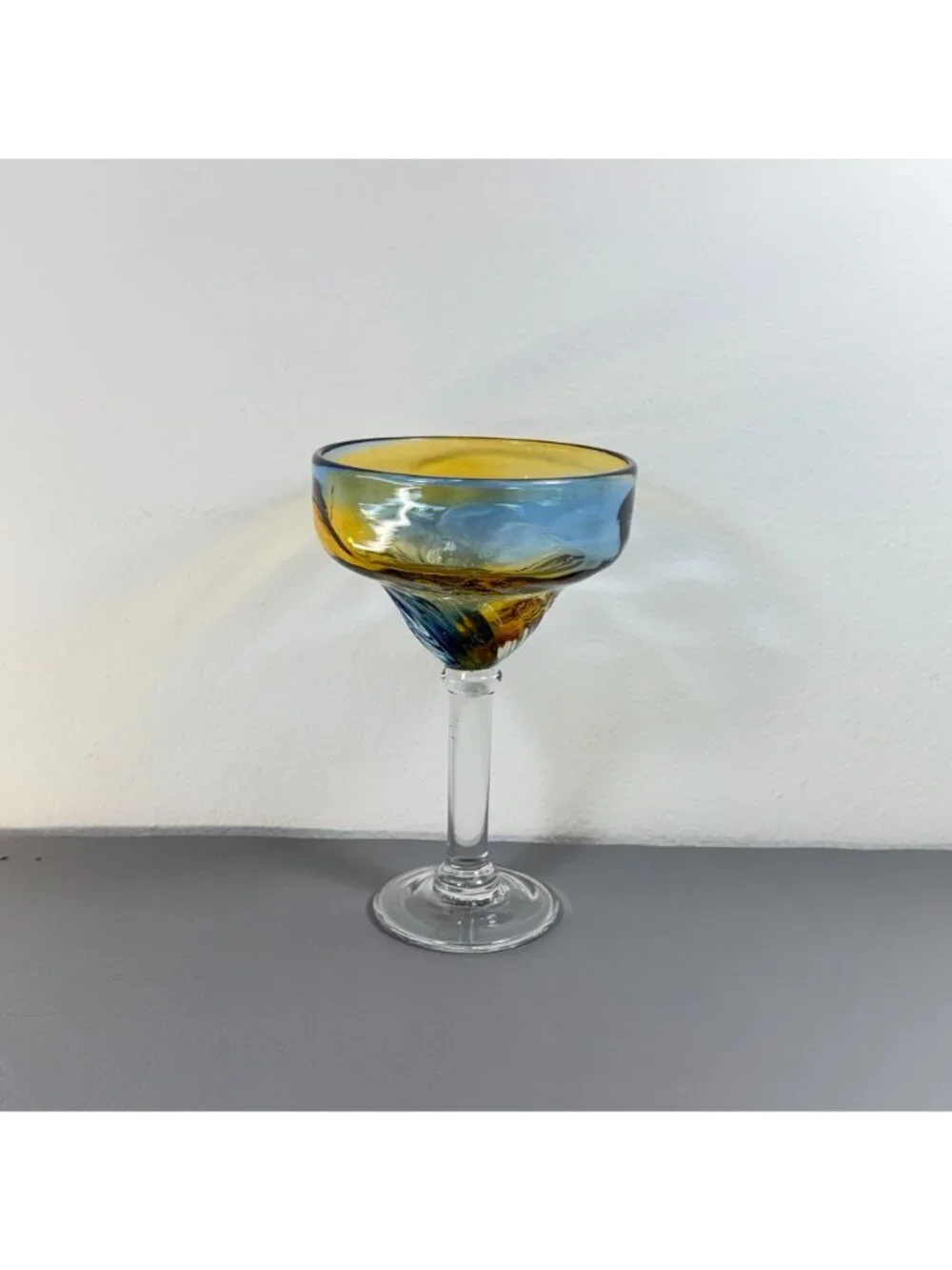 Vintage Pier 1 Hand Blown Blue Amber Swirl Ombre Margarita Glass Barware